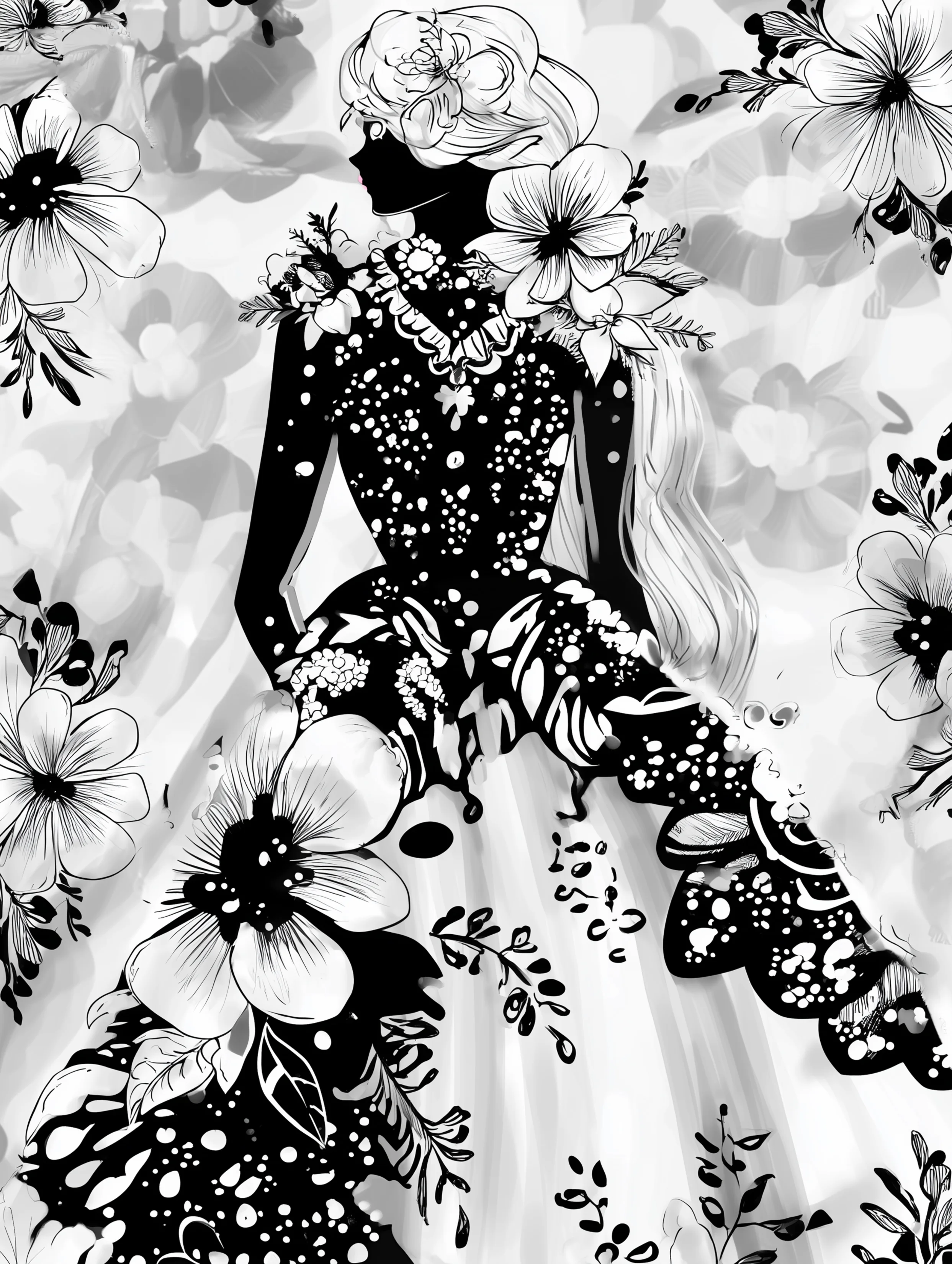 Free printable dress coloring page for adults featuring a dark dress with bold floral details on the torso